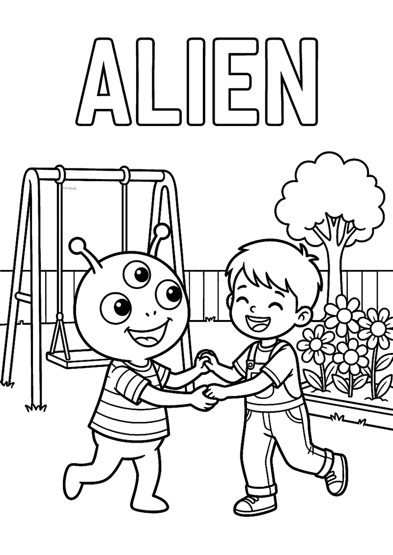 Kleurplaat van een alien met drie ogen en voelsprieten die handjes vasthoudt met een lachende jongen bij een schommel