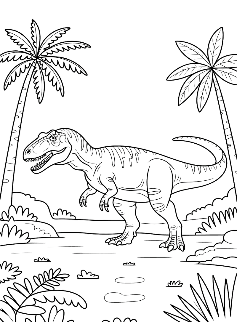 Kleurplaat van een grote allosaurus die door een prehistorisch landschap met palmbomen en een rivier loopt en dreigend o
