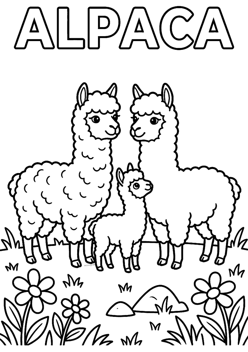 Kleurplaat van twee alpaca's met een jong in het gras tussen bloemen, met het woord ALPACA erboven