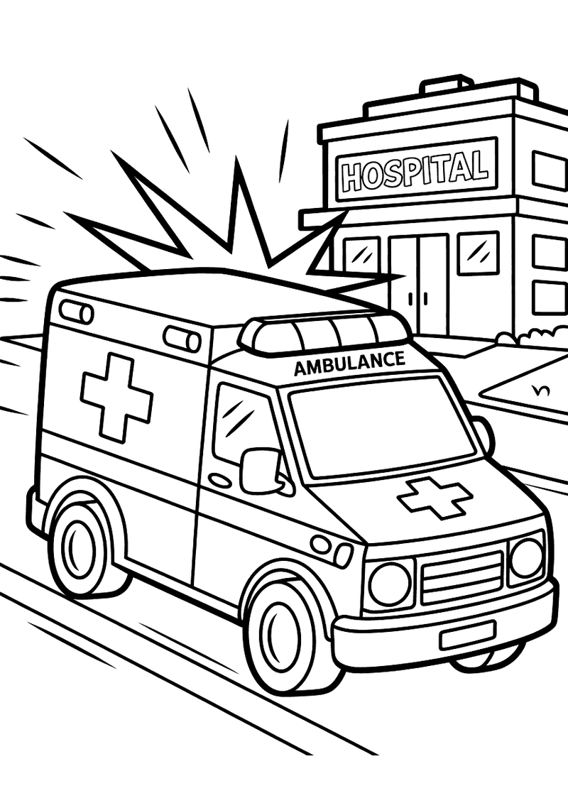 Grote ambulance met kruis en het woord AMBULANCE rijdt vooraan met ziekenhuisgebouw met bord HOSPITAL
