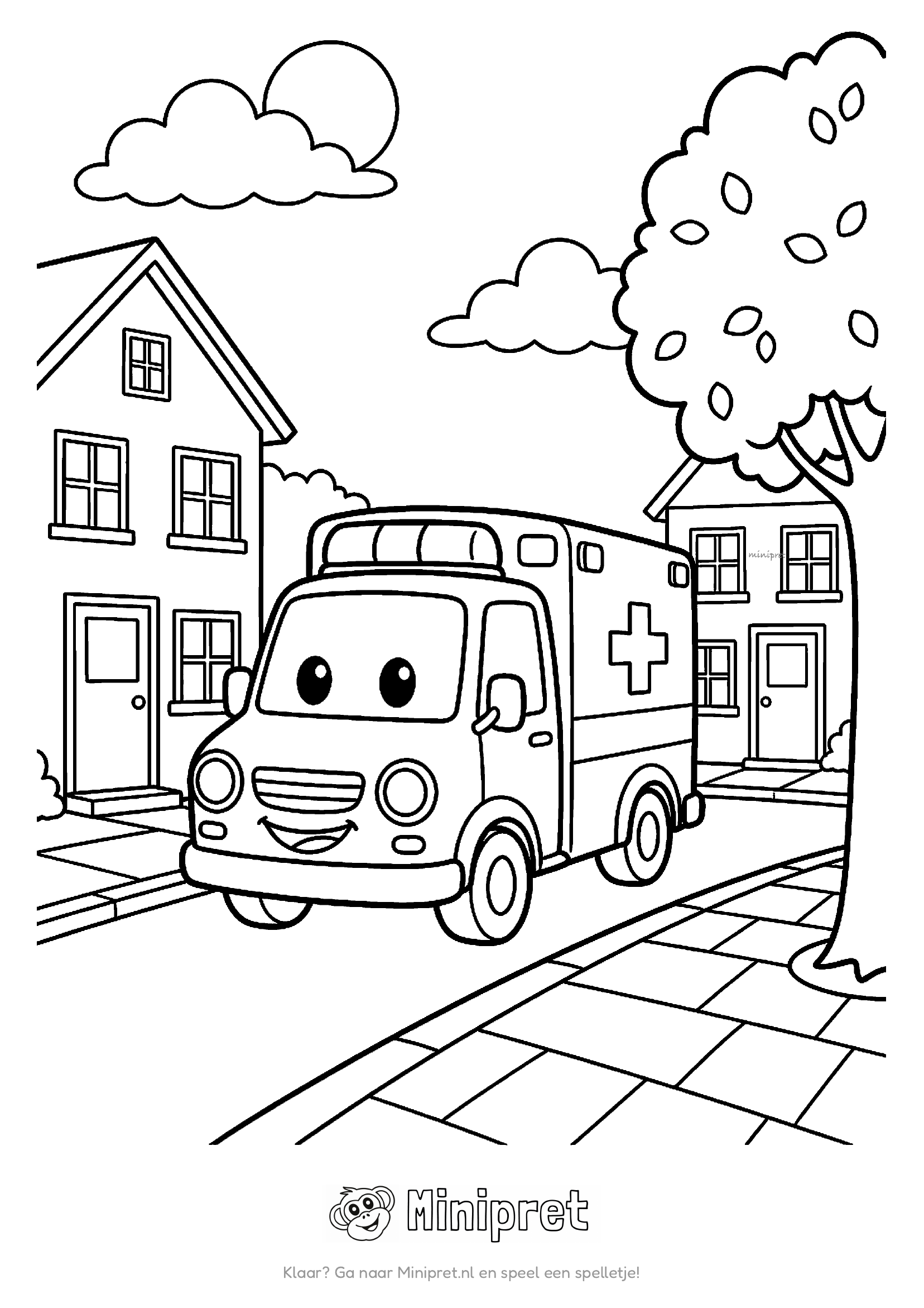 Vrolijke cartoon-ambulance met lachend gezicht rijdt door een straatje langs twee huisjes en een boom met wolken erboven