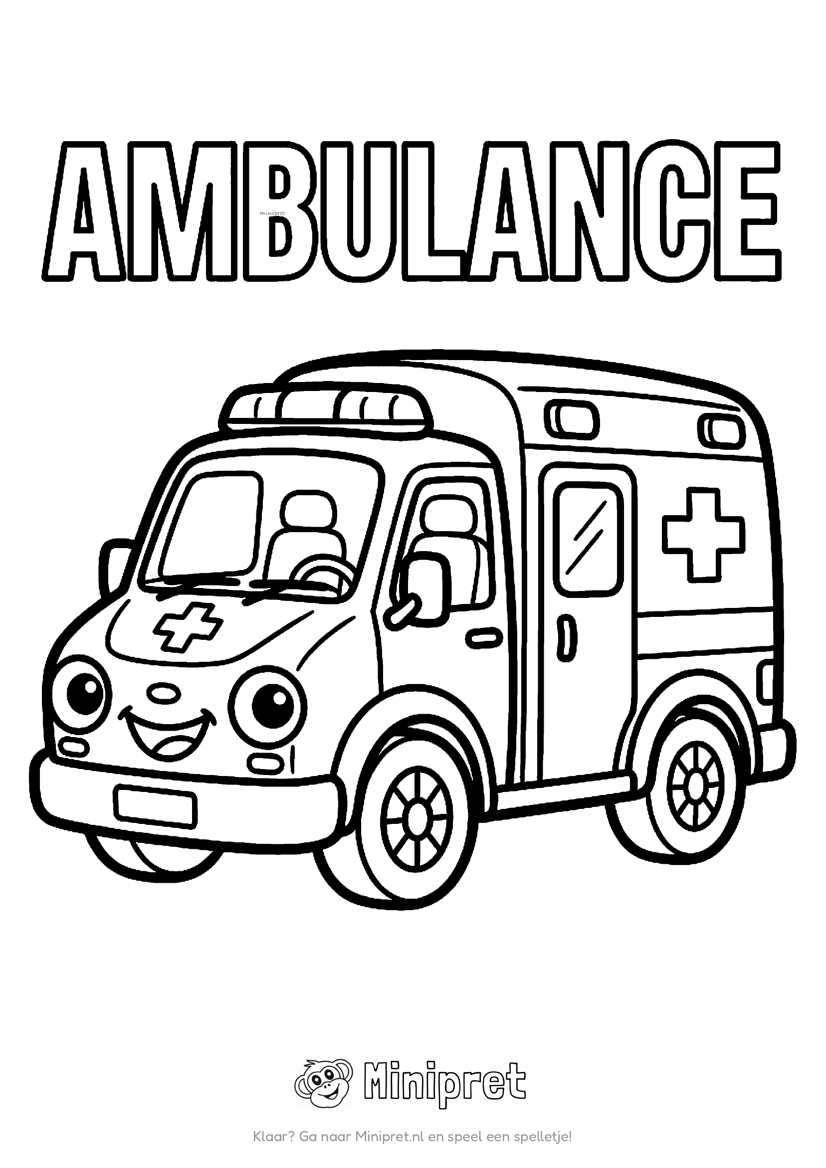 Cartoon-ambulance met groot woord AMBULANCE als bouwblok-letters erboven, geschikt voor leren lezen en kleuren tegelijk