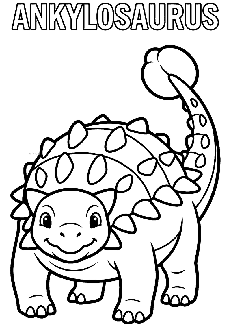 Kleurplaat van een lachende ankylosaurus met stekels op de rug en een knots aan de staart