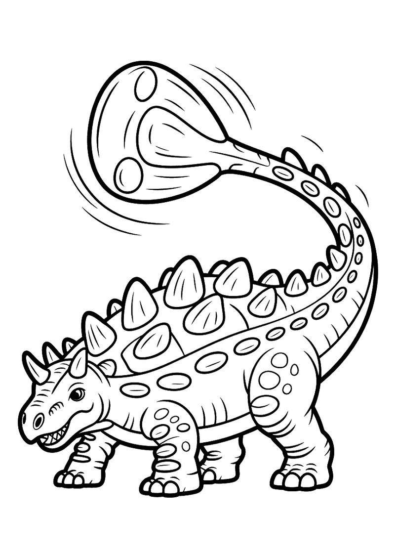 Kleurplaat van een ankylosaurus met een gepantserde rug vol knobbels die zijn zware knodsvormige staart hoog in de lucht