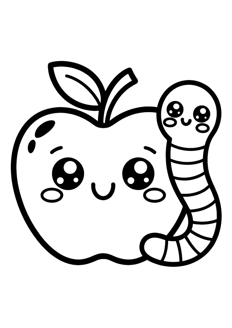Kawaii kleurplaat van een lachende appel met grote ogen en een vrolijk wormpje dat aan de rechterzijkant uit de appel pi