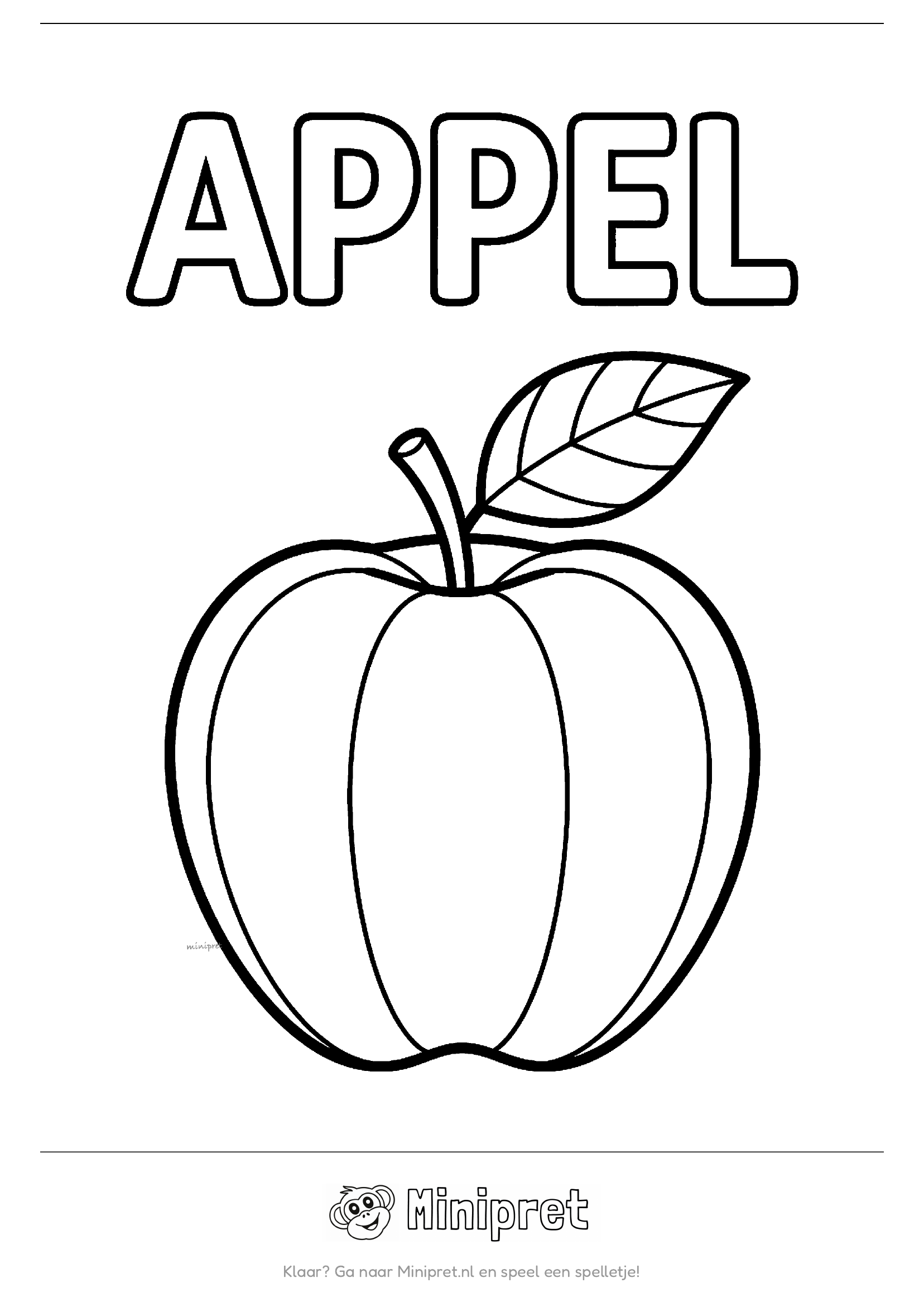 Appel als kleurplaat: ronde appel met steeltje en blaadje, variant met extra detail