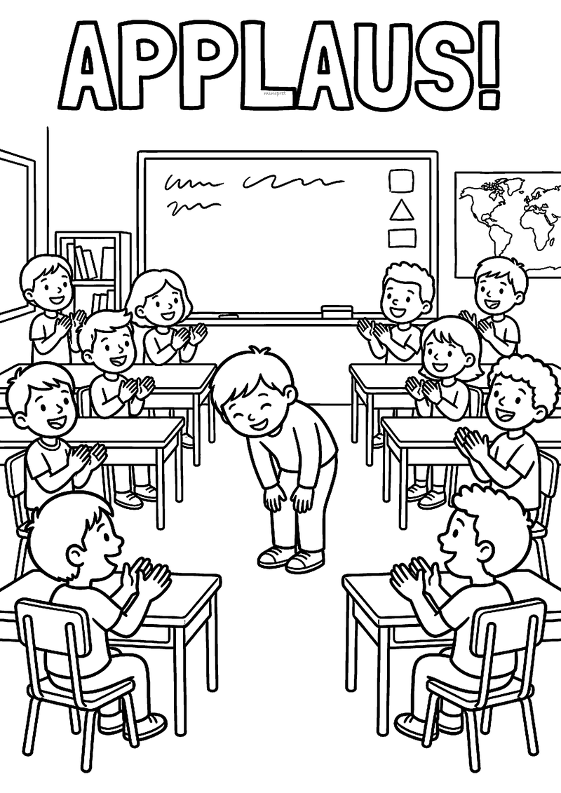 Kleurplaat van een klas die applaudisseert voor een buigende leerling, met de tekst Applaus