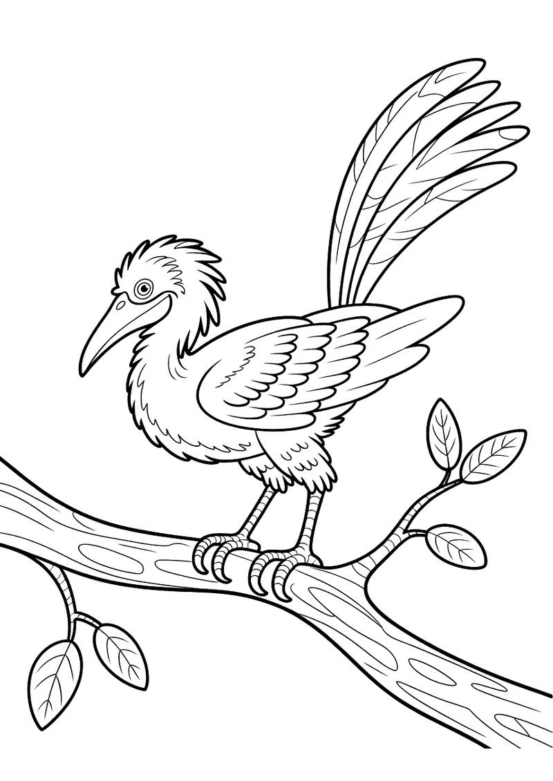 Kleurplaat van een archaeopteryx met lange sierstaart en gespreide vleugels die op een brede tak zit met groene blaadjes