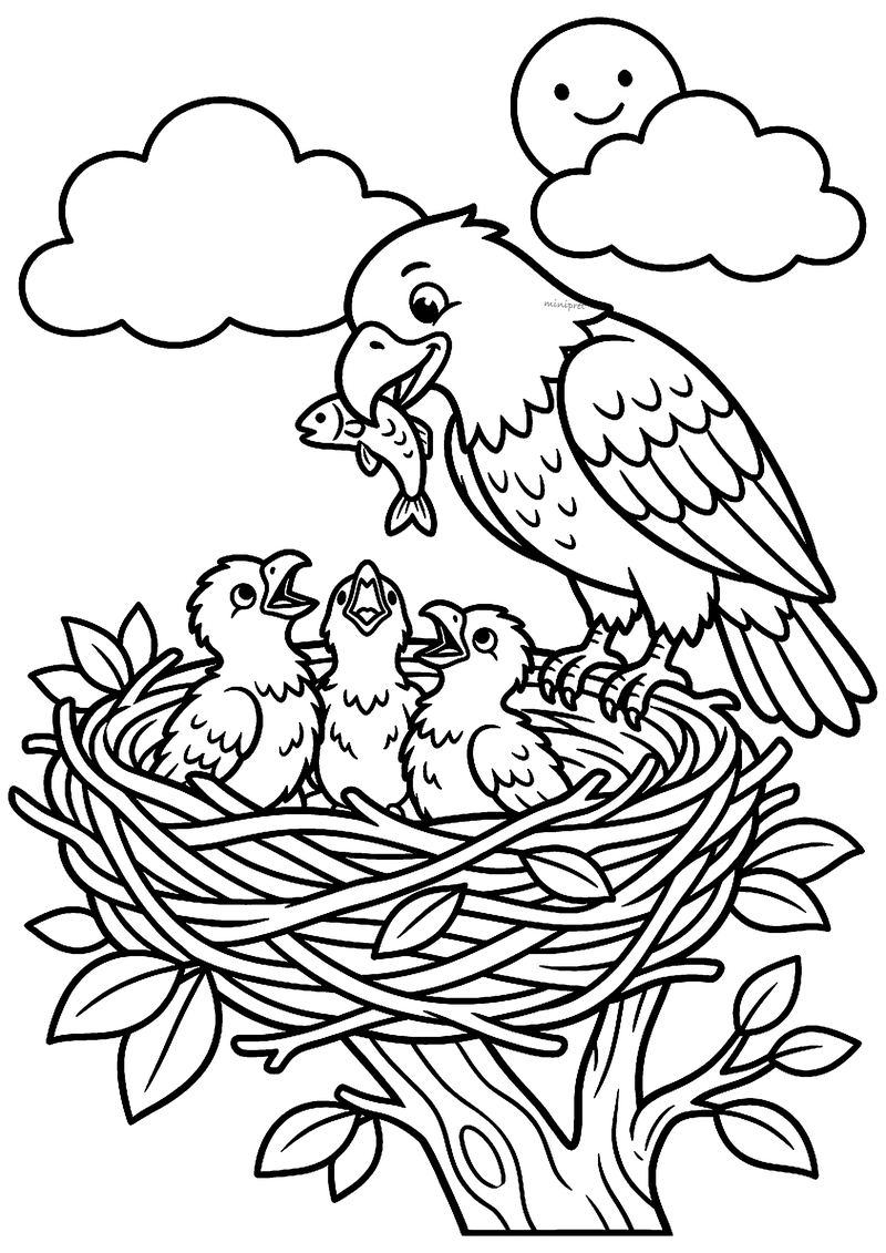 Kleurplaat van een arend met een vis in haar snavel die drie hongerige jongen voert in een groot nest in een boom