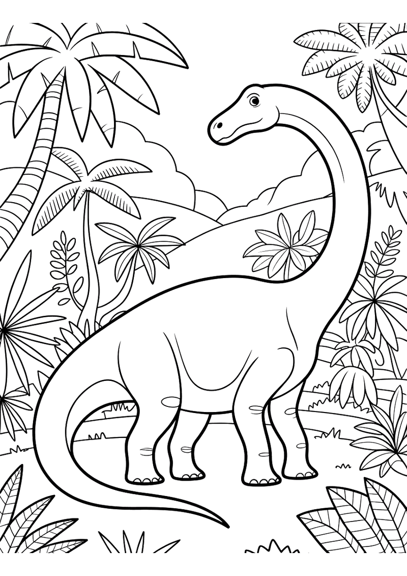 Kleurplaat van een grote langnekkige argentinosaurus die door een jungle met hoge palmbomen en tropische varens loopt