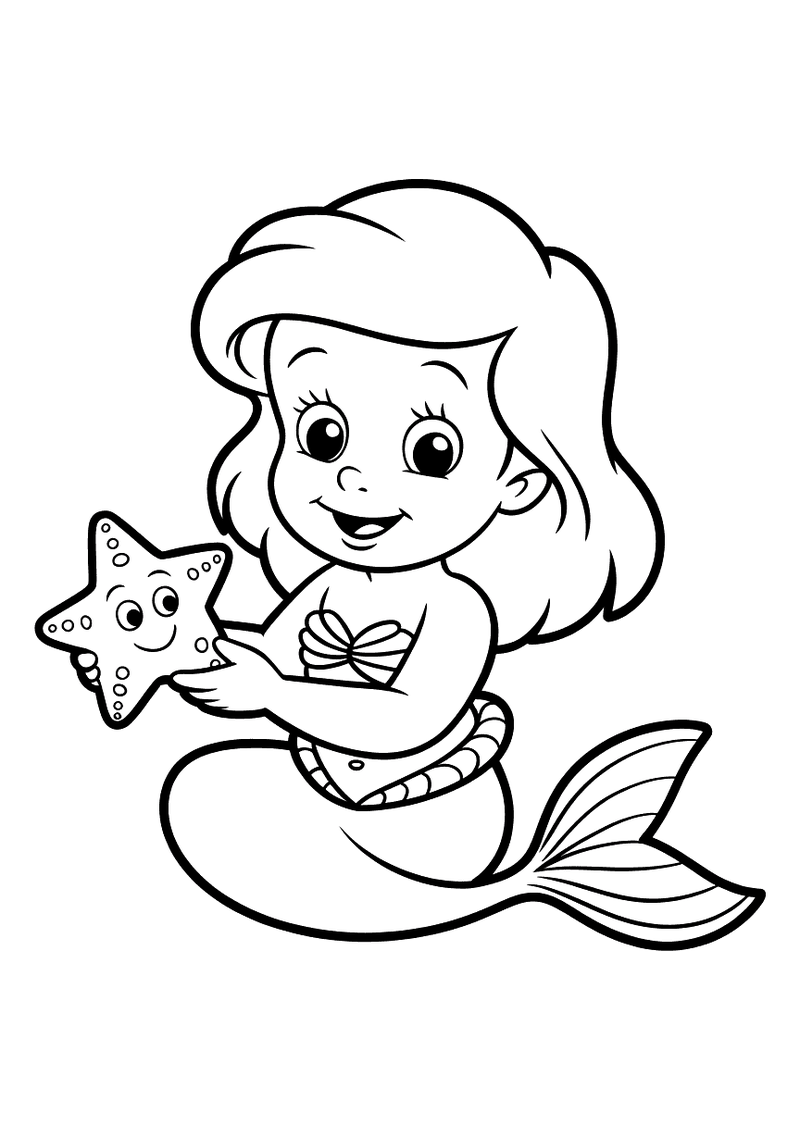 Ariel met Zeester Eenvoudig — gratis kleurplaat printen