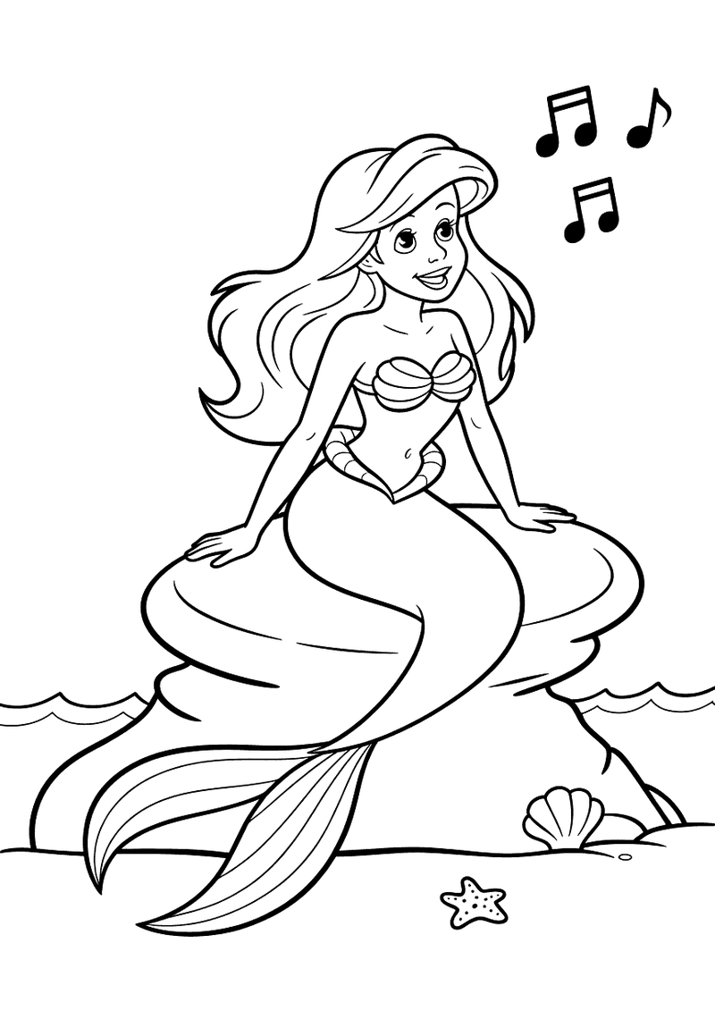 Ariel Zingt op Rots in Zee — gratis kleurplaat printen