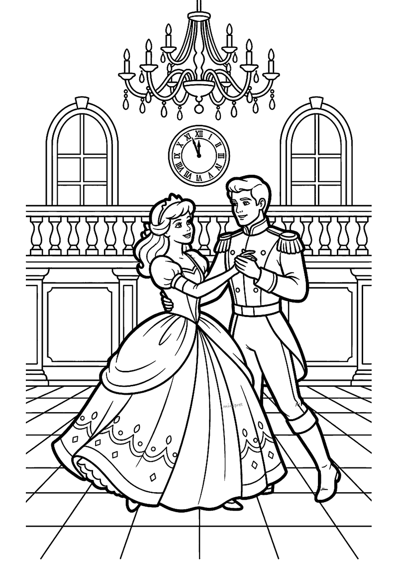 Assepoester danst met de prins op het bal kleurplaat