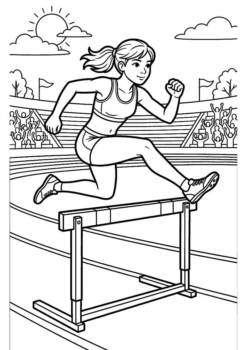 Atleet die over Horde Springt op Atletiekbaan Olympische Zomerspelen Kleurplaat — gratis kleurplaat printen