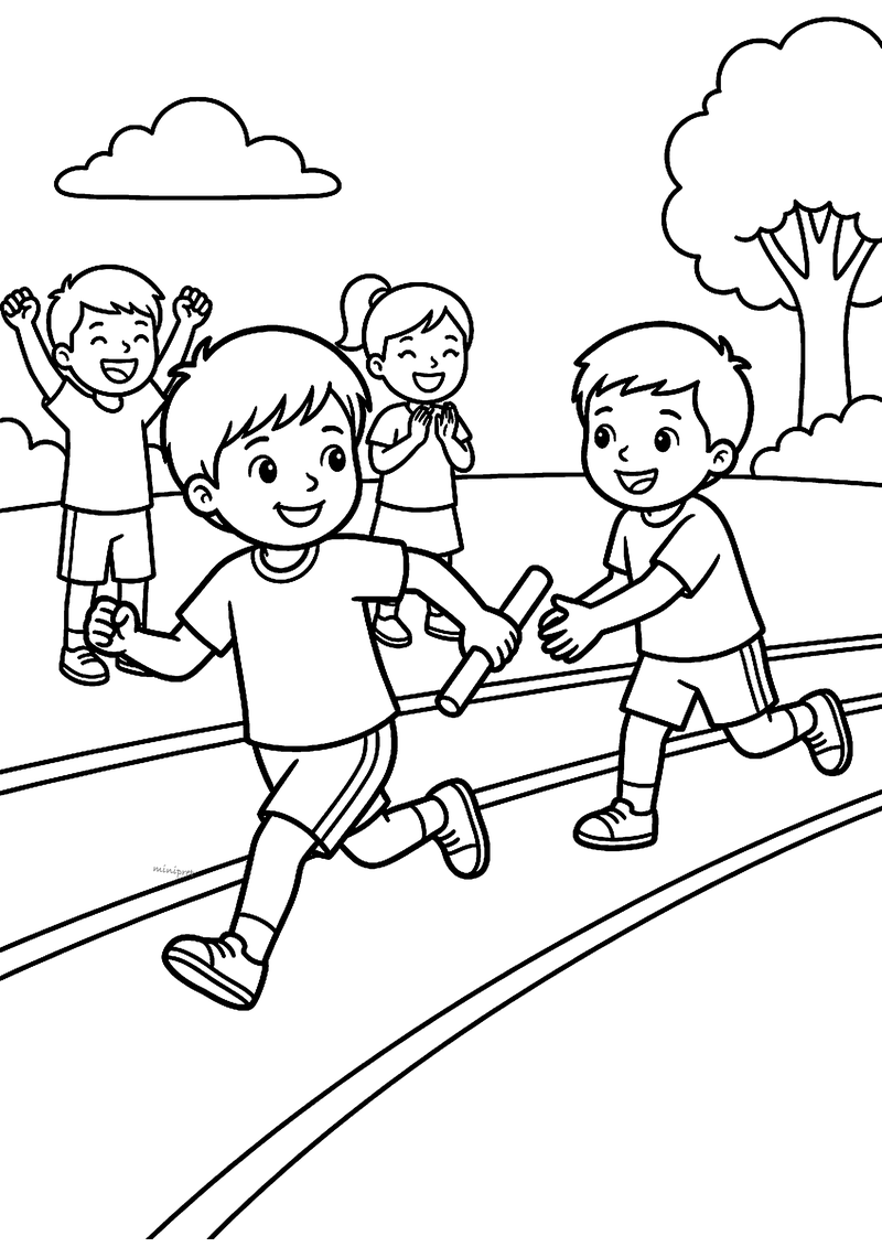 Kleurplaat van een rennende jongen die bij de estafette het stokje doorgeeft aan een klasgenoot, met juichende kinderen