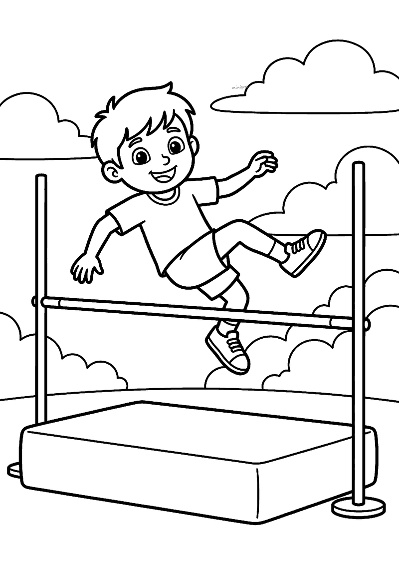 Kleurplaat van een lachende jongen die over de lat springt tussen twee palen, met een dikke landingsmat en wolken
