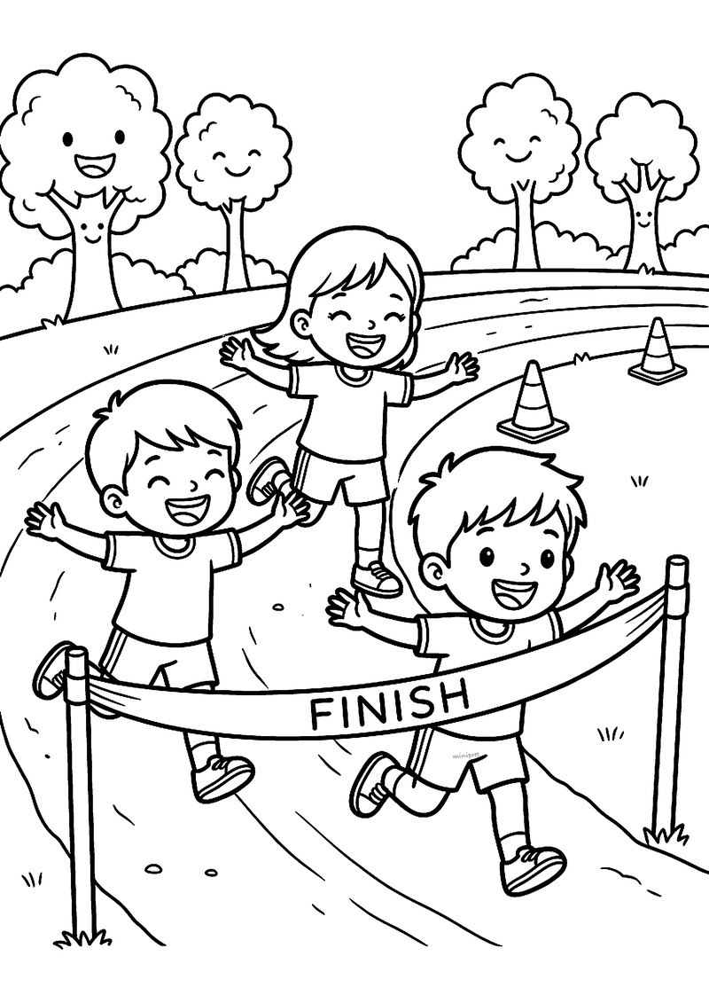 Kleurplaat van drie juichende kinderen die over een atletiekbaan rennen en door het lint met FINISH lopen