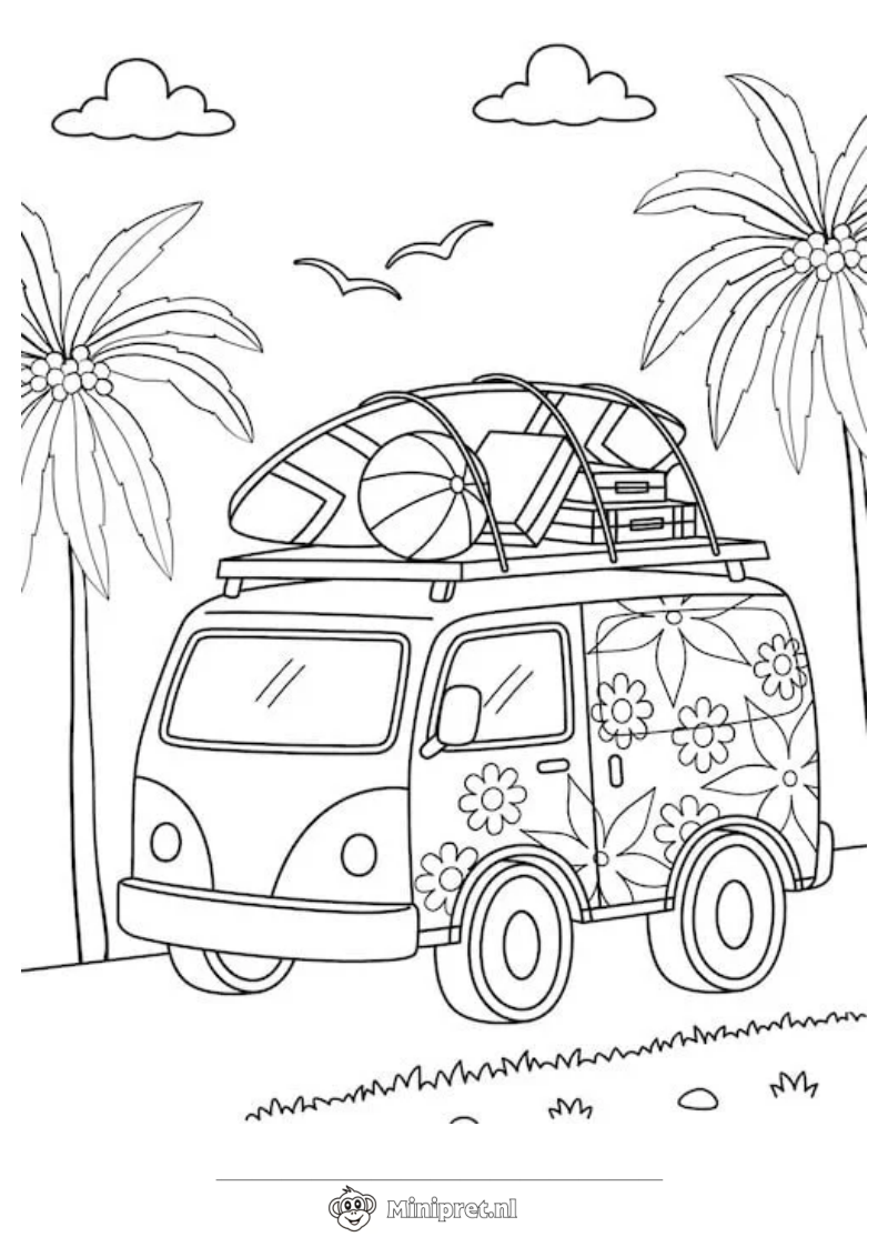 Auto bij de Palmboom kleurplaat
