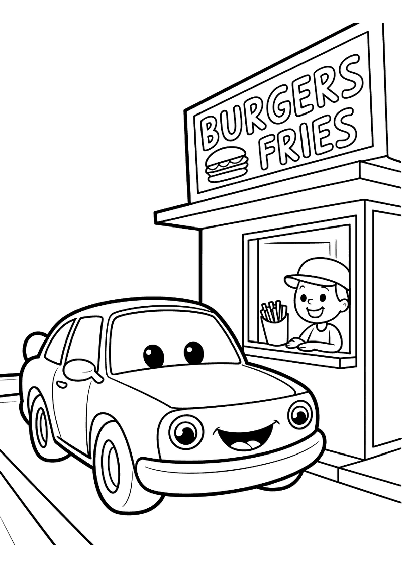Kleurplaat van een lachende auto die aan het drive-in loket van een Burgers and Fries fastfoodrestaurant wacht terwijl e