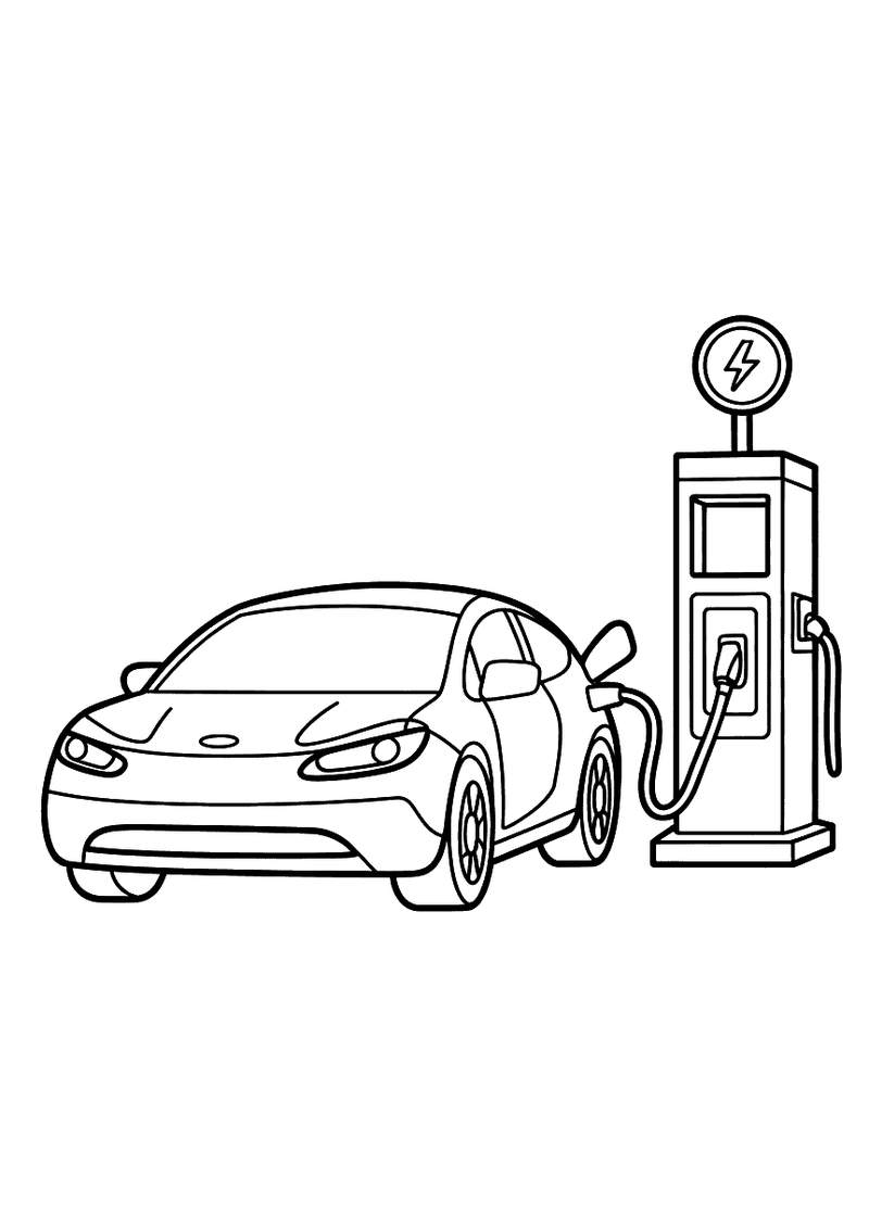Moderne stroomlijn-auto staat met laadkabel aangesloten op grote laadpaal met bliksemschicht-logo