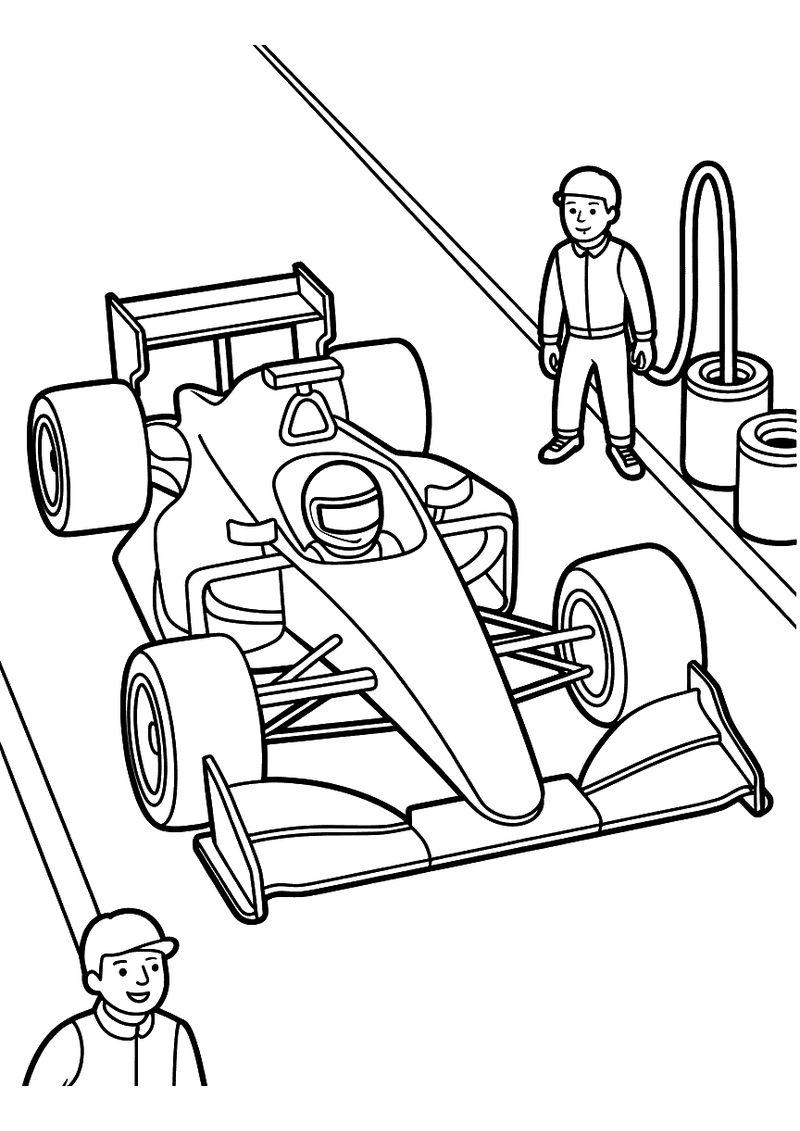 Formule 1 raceauto met grote spoiler staat in pitstraat tussen twee monteurs met helm en gereedschap