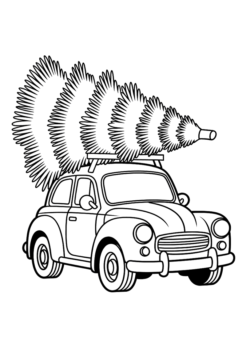 Ronde retro-auto met grote dennenboom op het dak vastgesnoerd met touwen rijdt naar voren