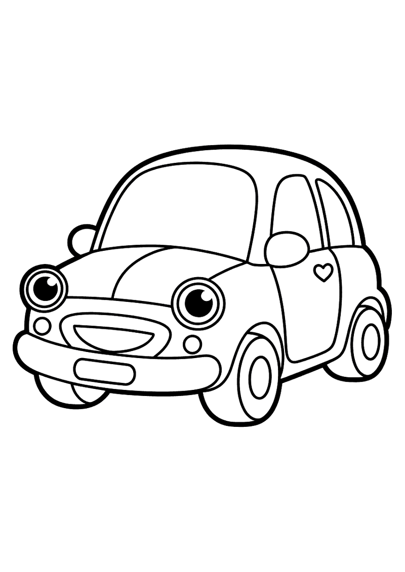 Klein rond cartoon-autootje met twee grote ogen, ronde grille en hartje op de deur