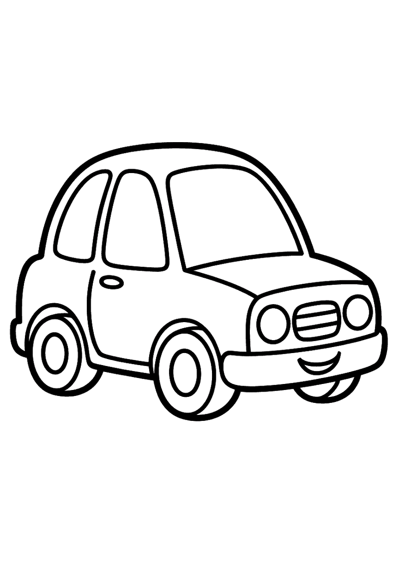 Heel eenvoudige cartoon-auto met grote zijramen, ronde koplampen en kleine glimlach op de bumper