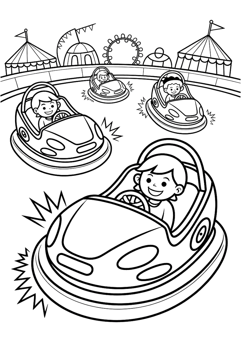 Lachend kind rijdt vooraan in een botsauto terwijl op de achtergrond twee andere kinderen rondrijden