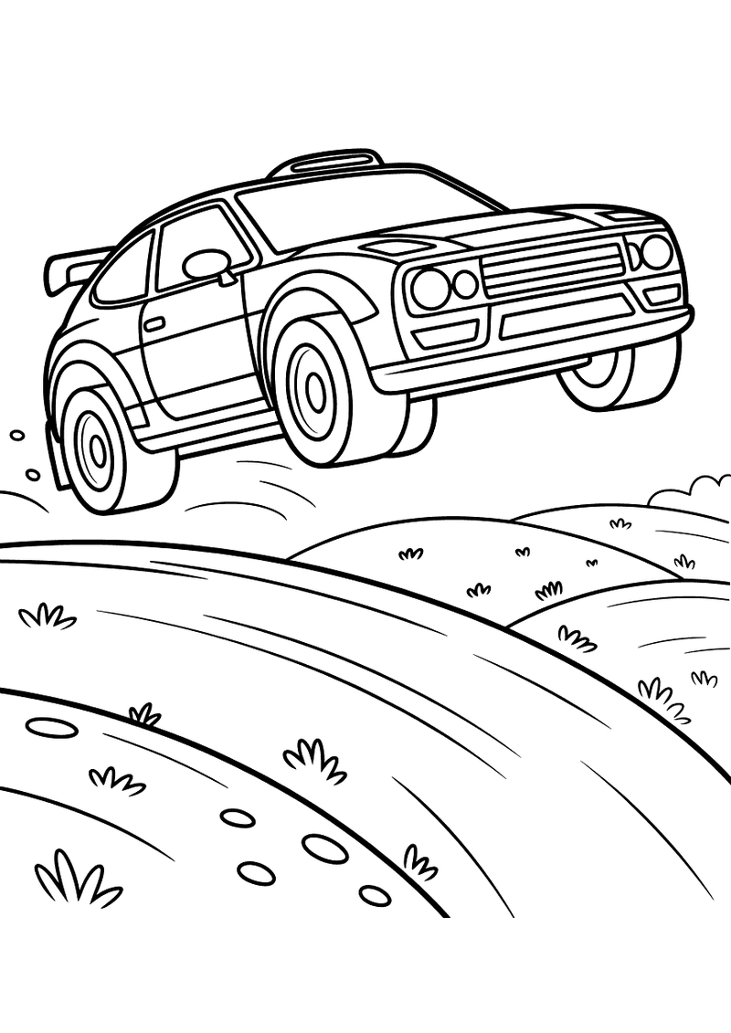 Rally-auto met spoiler en koplampen op het dak vliegt met alle vier de wielen los over een heuvel