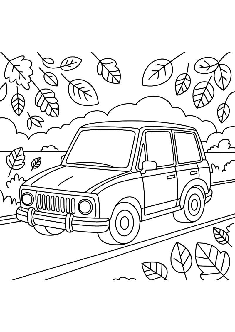 Hoekige cartoon-auto rijdt langs een weg terwijl grote herfstbladeren in verschillende vormen vallen