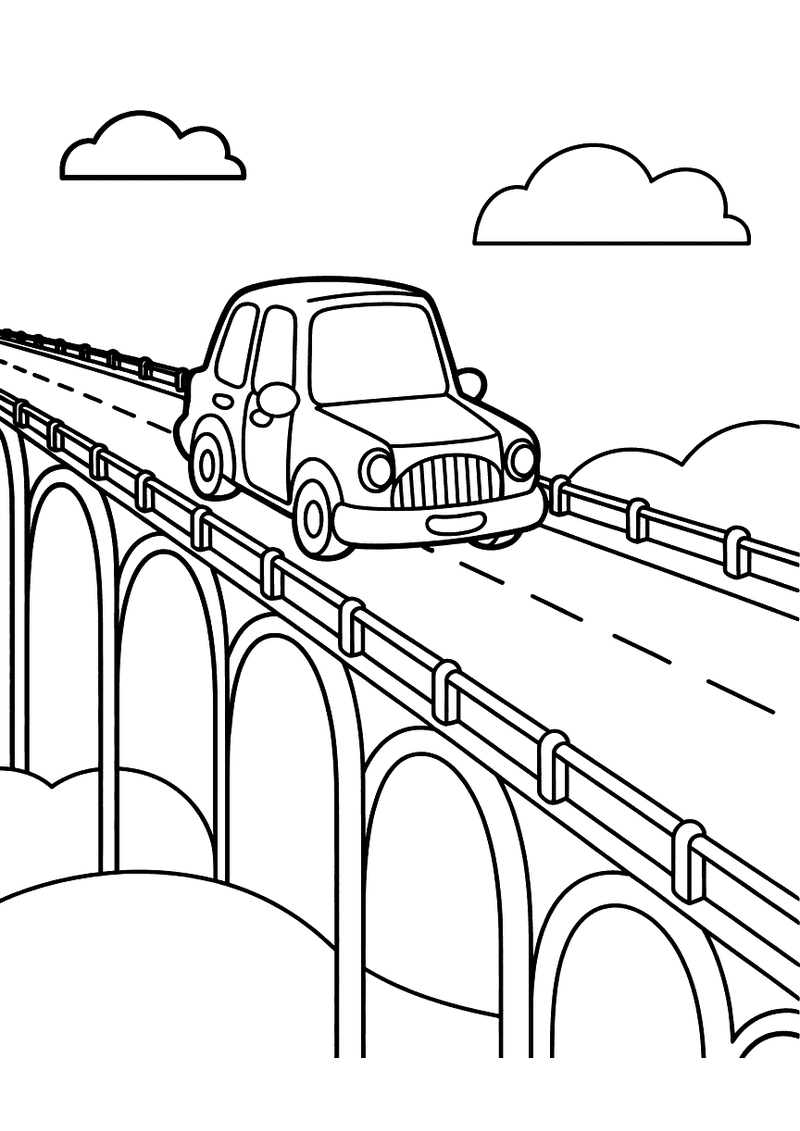 Cartoon-auto rijdt over lange viaductbrug met steunbogen, vangrails en wolken in de lucht
