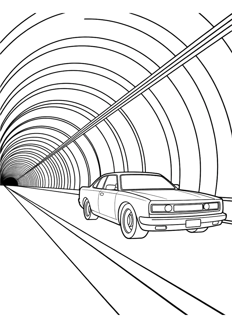 Strakke auto rijdt in tunnel met halfronde ringen die in perspectief naar het lichtpunt achter lopen