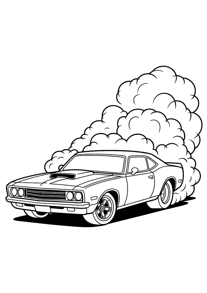 Kleurplaat van een klassieke American muscle car met koepelopbouw die met rokende achterbanden een burn-out maakt voor e