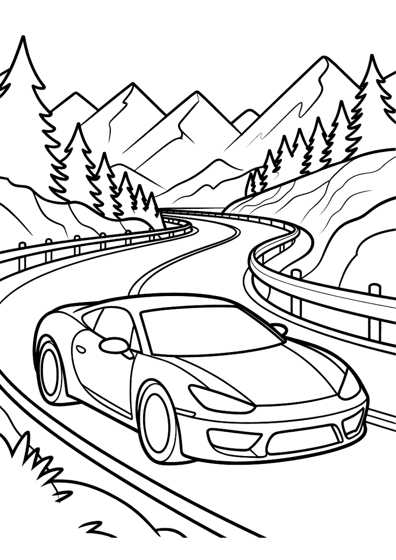 Kleurplaat van een lage sportwagen die over een kronkelende bergweg rijdt met dennenbossen en hoge besneeuwde bergtoppen