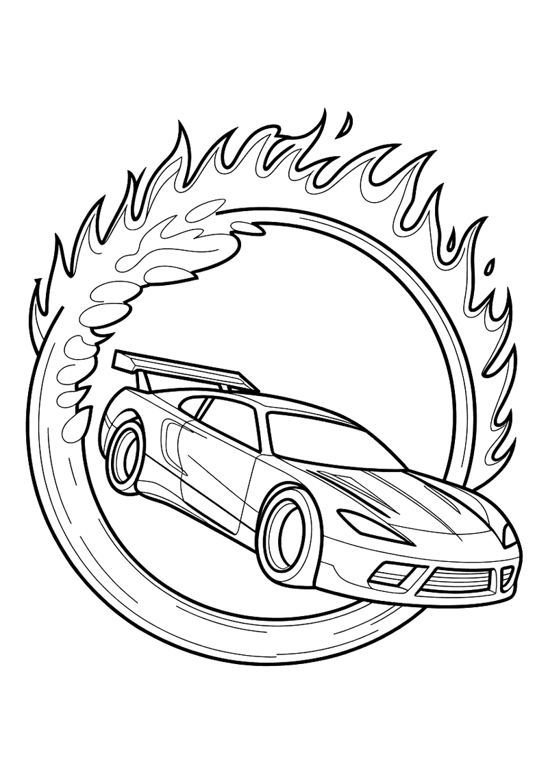 Kleurplaat van een sportwagen die met hoge snelheid door een grote brandende vuurring vliegt in een spectaculaire stunts