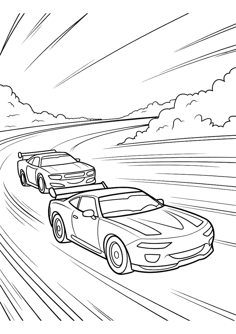 Kleurplaat van twee raceauto's die in een spannend duel zij aan zij over een rechte racerbaan razen met snelheidsstrepen