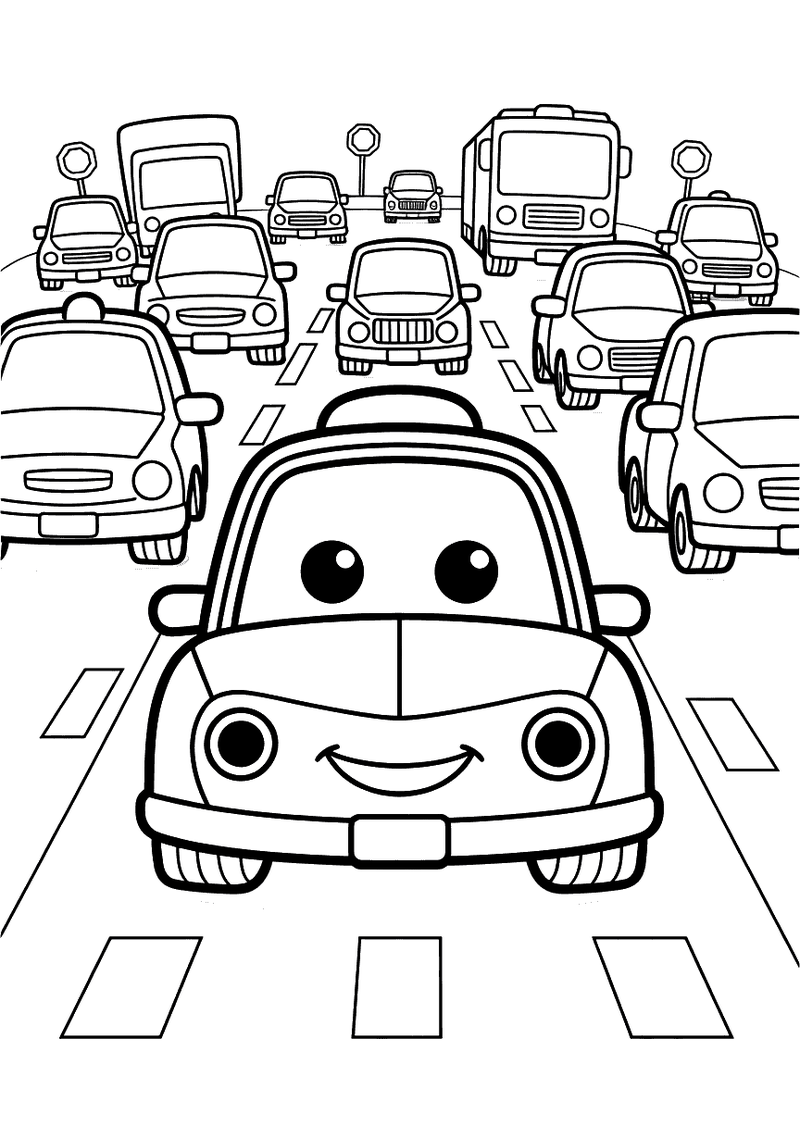 Kleurplaat van een lachende tekenfilm-auto die vastdstaat in een file met tientallen voertuigen waaronder een bus en vra