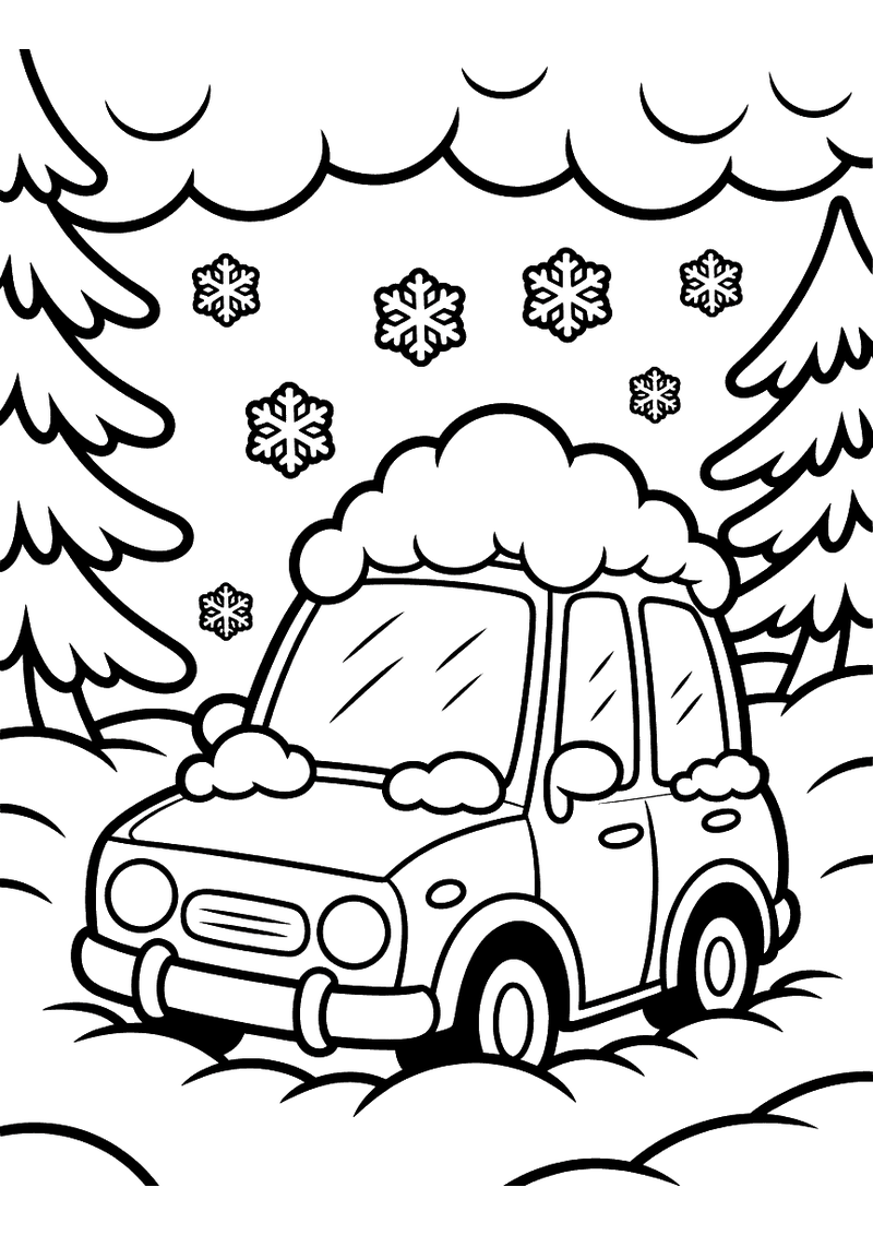 Kleurplaat van een auto die tot aan de bumpers is vastgereden in diepe sneeuw met sneeuwvlokken in de lucht en besneeuwd
