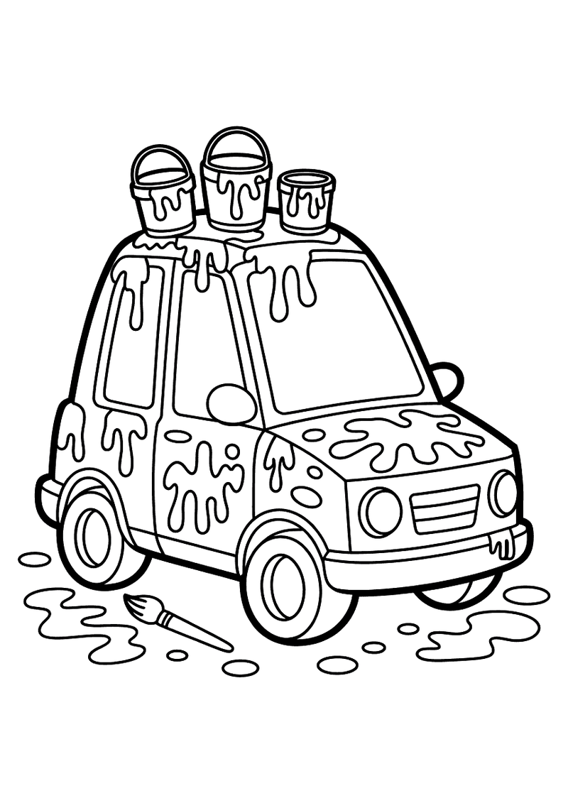 Cartoon-auto helemaal bedekt met druipende verfspetters en op het dak twee opengeklapte verfblikken