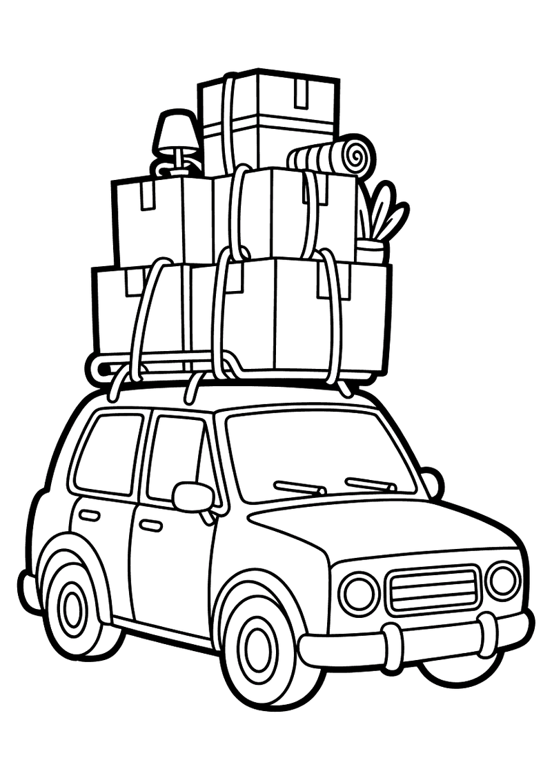 Kleurplaat van een auto met een hoog opgestapeld dakrek vol verhuisdozen, tassen, een vloerlamp en opgerolde spullen op
