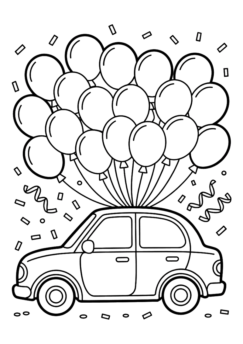 Kleurplaat van een auto die een enorme tros ballonnen en confetti-slingers meevoert als onderdeel van een vrolijke verja