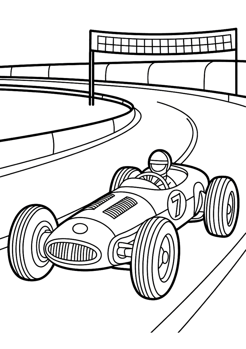 Kleurplaat van een klassieke vintage open raceauto met nummer 1 die over een ovale circuitbaan rijdt met een finish-boog