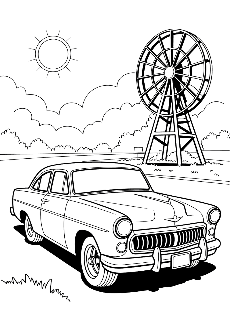 Kleurplaat van een klassieke jaren-50 sedan geparkeerd op een open landweg bij zonnig weer naast een hoge windmolen met