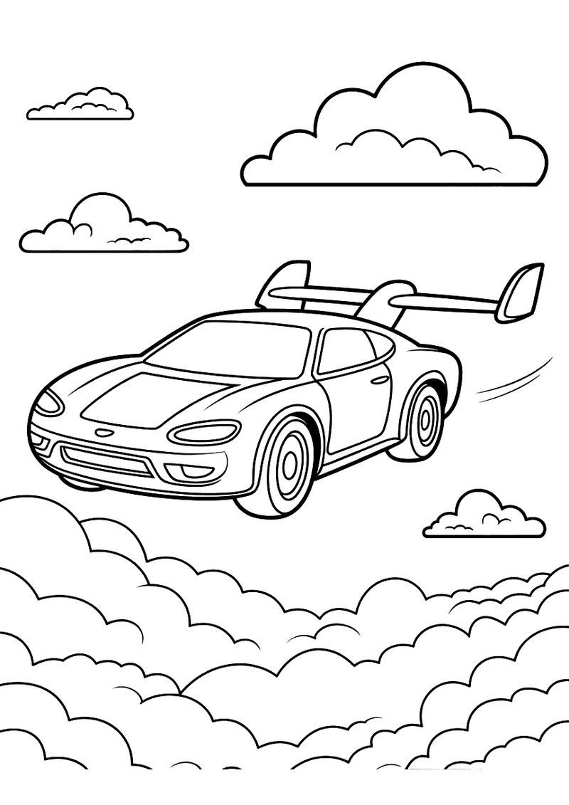 Kleurplaat van een sportwagen met grote achtervleugel die hoog boven de wolken door de lucht vliegt