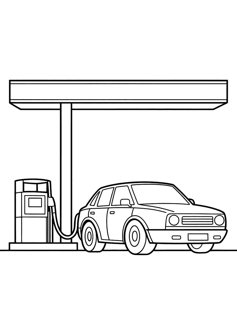 Kleurplaat van een auto die aan een benzinepomp staat met de brandstofslang aangesloten, onder het brede afdak van een b