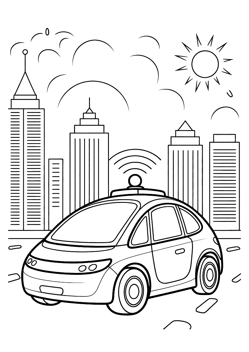 Kleurplaat van een futuristische zelfrijdende auto met sensor-antenne en wifi-signalen die door een moderne stad met wol