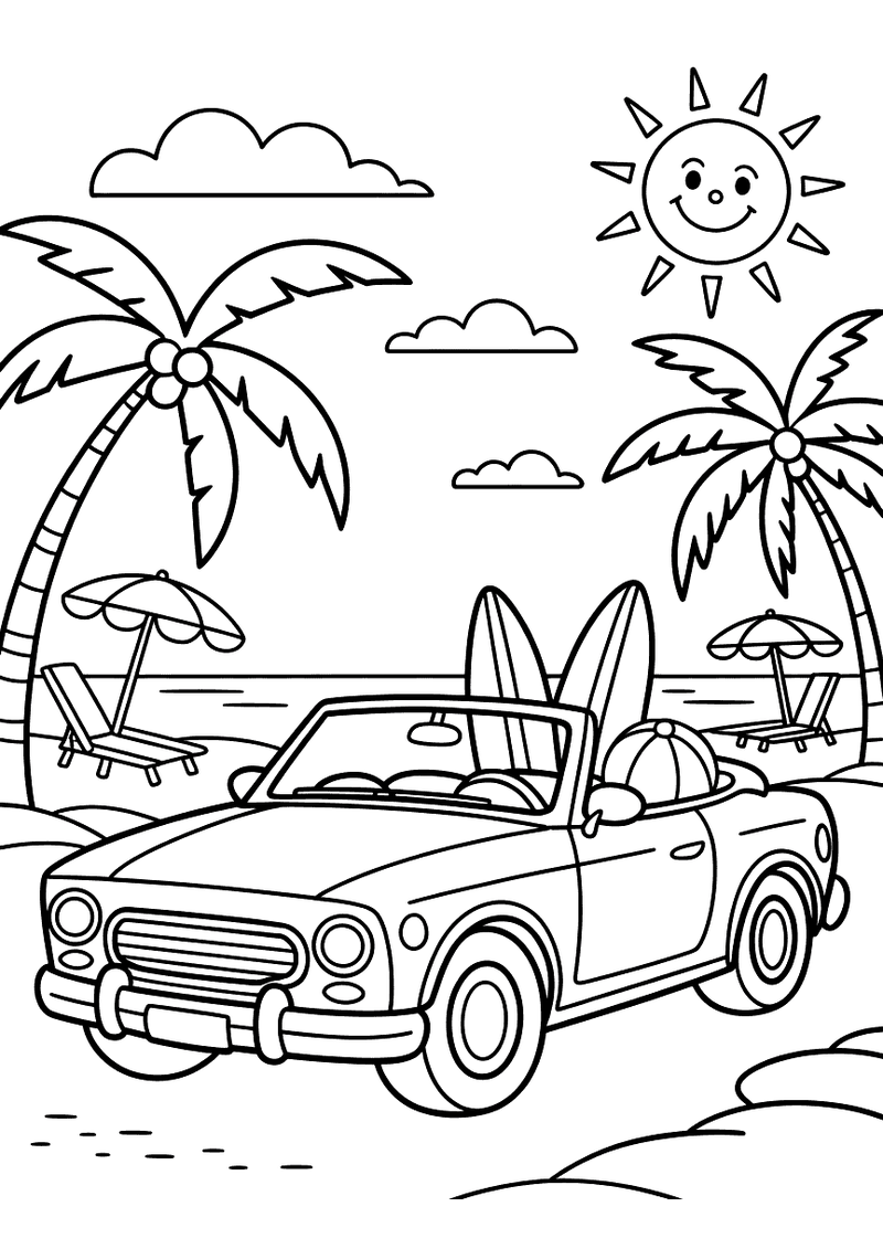 Kleurplaat van een cabriolet met een surfboard op de achterbank geparkeerd op een strand met palmbomen, ligstoel en een
