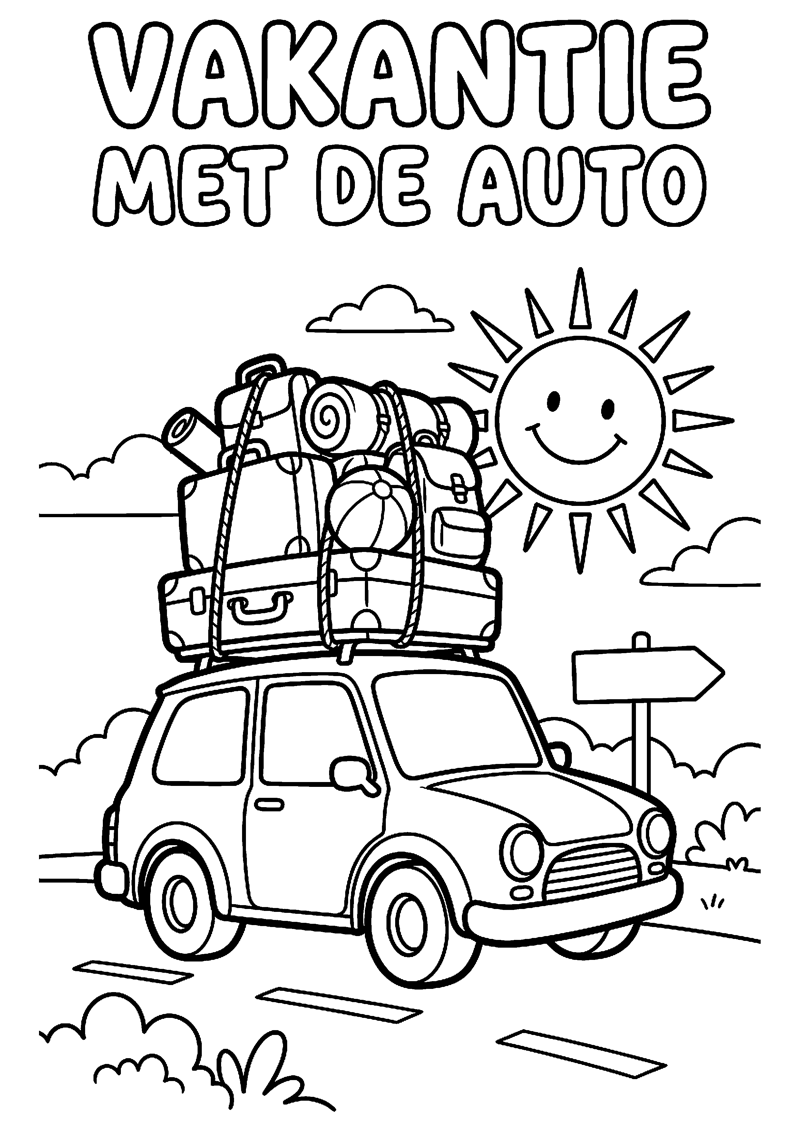 Auto met Bagage op het Dak en Zonnetje met Tekst Vakantie met de Auto Vakantie Kleurplaat — gratis kleurplaat printen