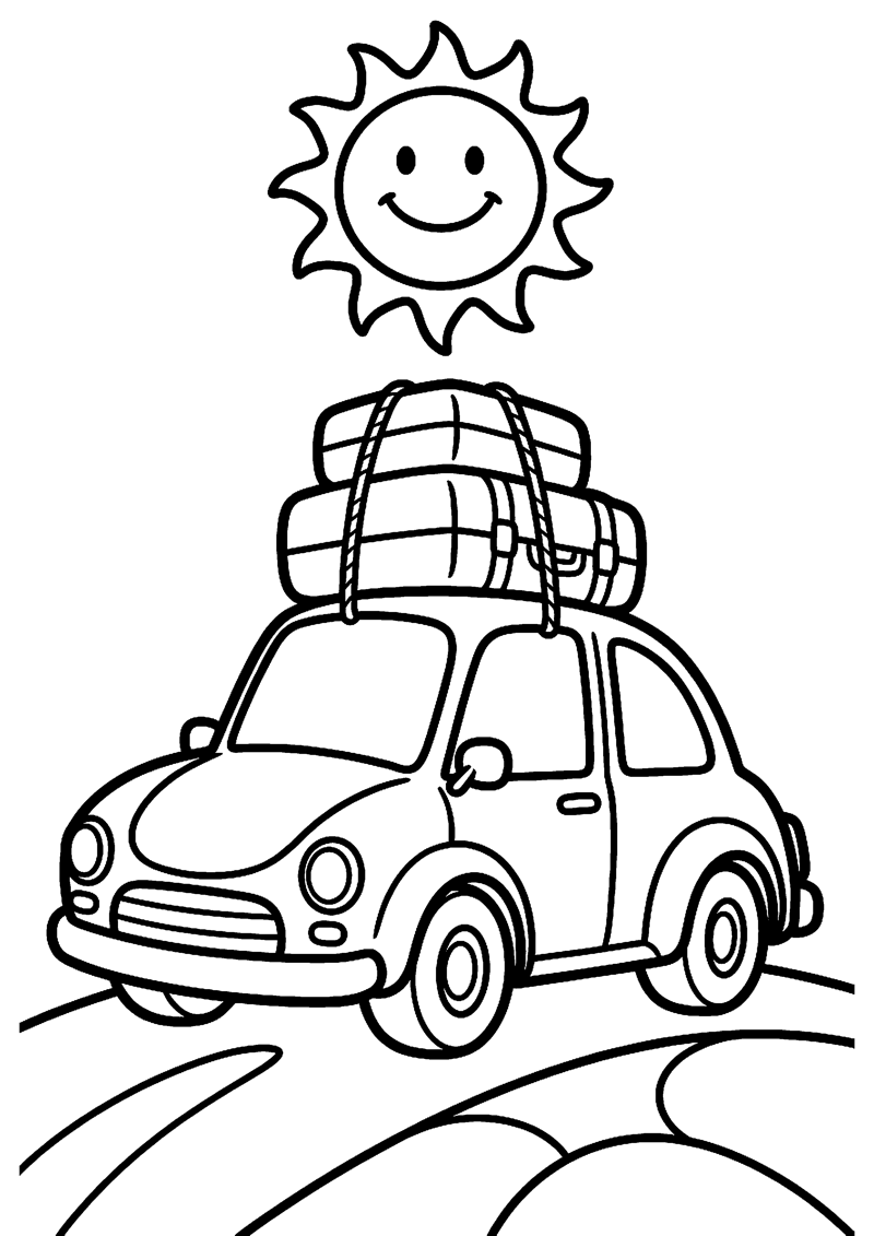 Auto met Bagage op het Dak en Zonnetje Vakantie Kleurplaat — gratis kleurplaat printen